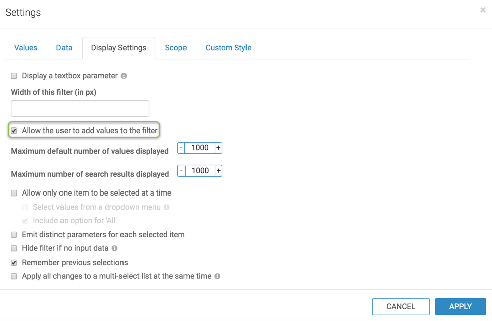 Display Settings Configuration modal with 'Allow the user the add values to the filter' option checked.