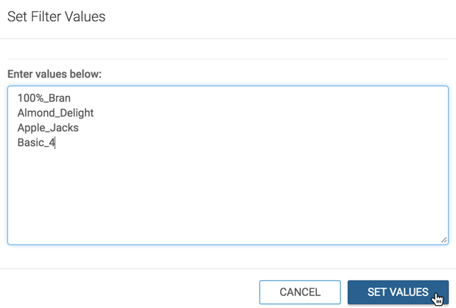 Entering four values manually in the 'Set Filter Values' modal window