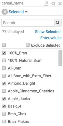 Displaying the cereal name filter with only four values selected that we entered in the 'Set Filter Values' modal window