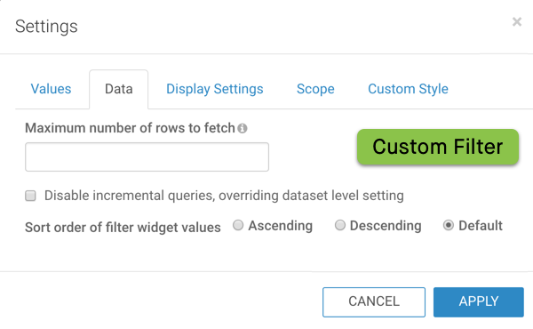 Displaying settings in the data tab for a custom filter