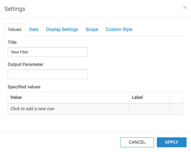 viewing the initial settings window modal for a custom filter