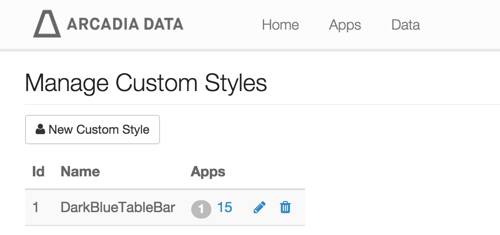 Manage Custom Styles interface, with 'New Custom Style' button, and a list of styles with one entry (DarkBlueTableBar)
