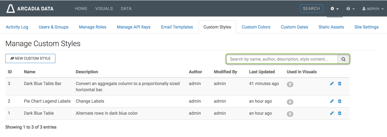 Manage Custom Styles interface, with a list of custom styles and a search text box