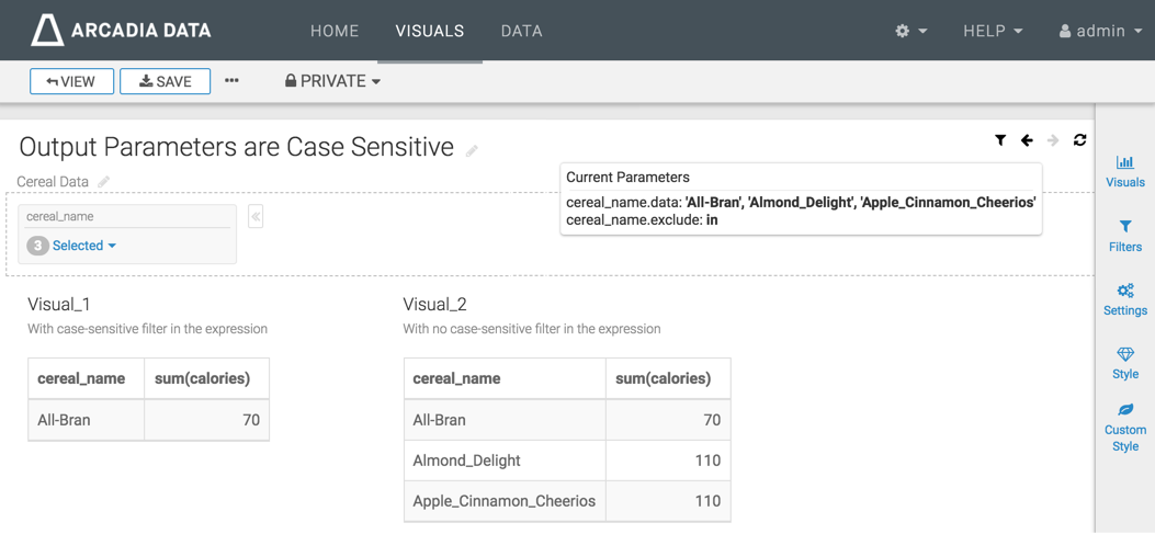 displaying the comparison of Visual_1 and Visual_2 after applying the case-sensitive custom filter