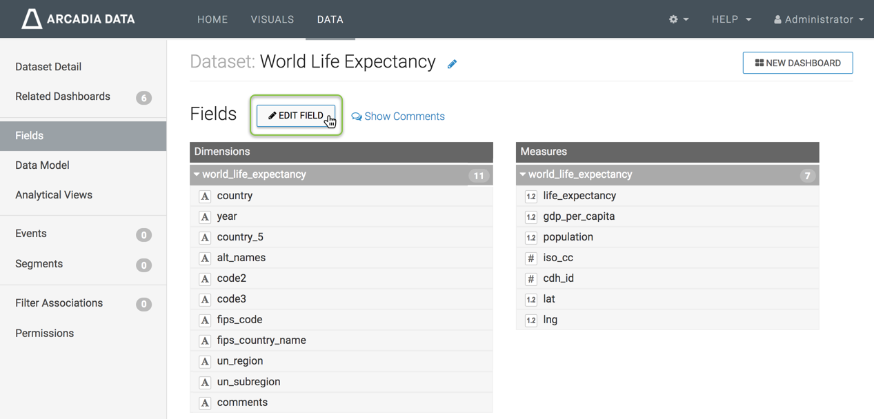 Editing Fields of Dataset 'World Life Expectancy'
