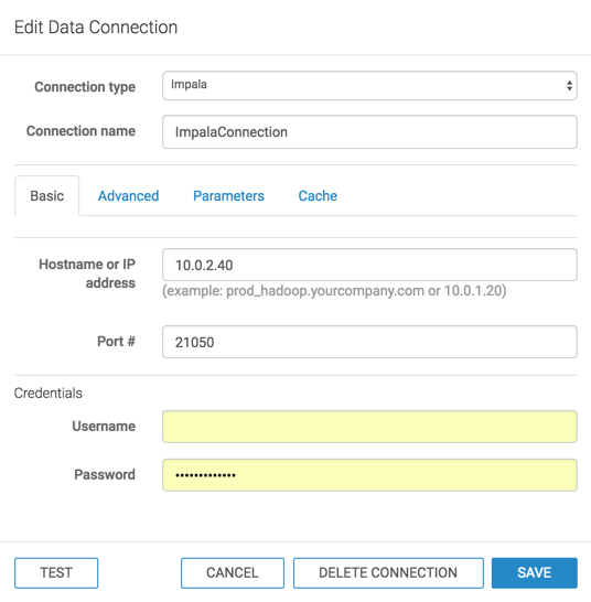 Edit Data Connection Modal Window for an Impala connection: initial