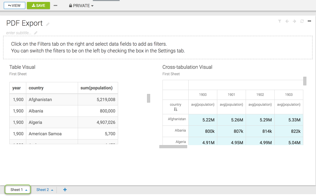 Displaying the current sheet with two visuals in the PDF Export dashboard