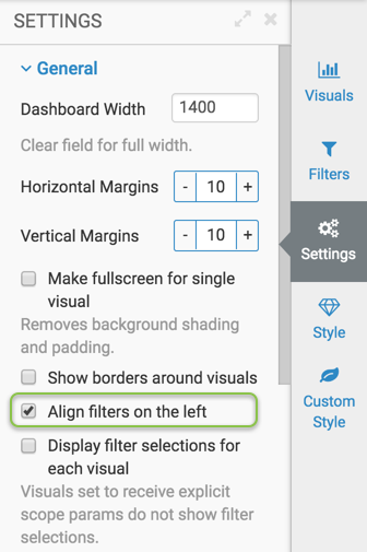 Selecting 'Align filters on the left option in the Settings menu