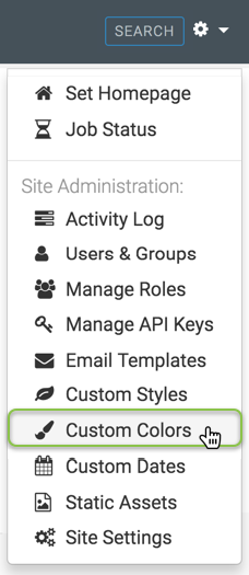 Administration menu; shows Set Homepage and Job Status, and Site Administration that includes Activity Log, Users & Groups, Manage Roles, Manage API Keys, Email Templates, Custom Styles, Custom Colors (active), Static Assets, and Site Settings