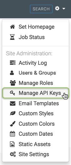 Administration menu; shows Set Homepage and Job Status, Site Administration that includes Activity Log, Users & Groups, Manage Roles, Manage API Keys (active), Email Templates, Custom Styles, Custom Colors, Custom Dates, Static Assets, and Site Settings