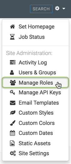 Administration menu; shows App Groups, Set Homepage, Site Administration that includes Activity Log, Users & Groups (active), Manage Roles, Custom Styles, and Site Settings