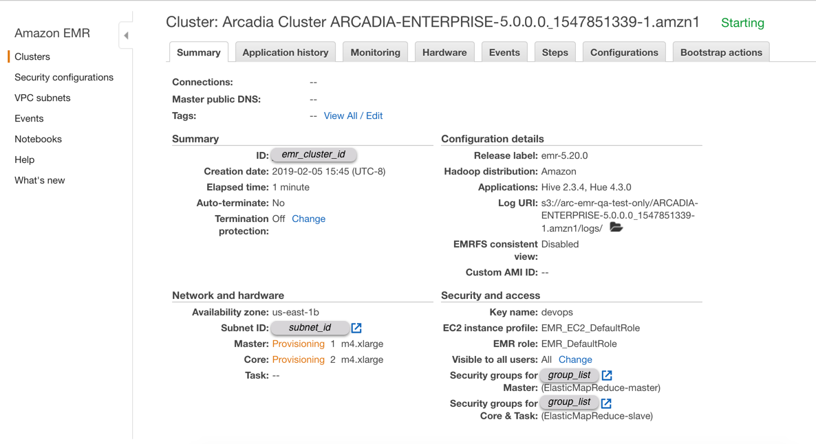 Displaying EMR console in AWS with summary and configuration details of the Arcadia Cluster