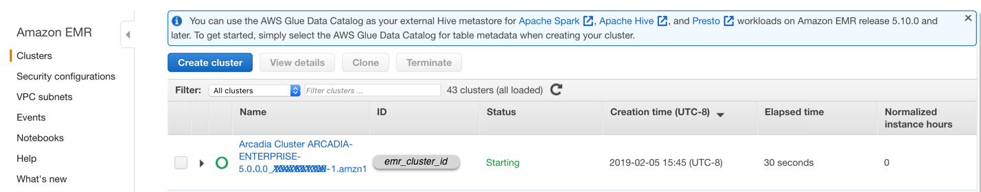 Displaying EMR console in AWS with 'Arcadia Cluster' status as 'Starting'