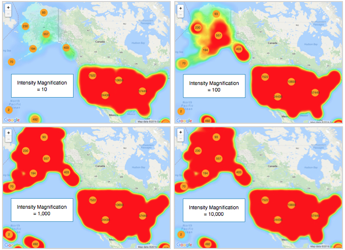 Comparison of intensity magnifications on google maps