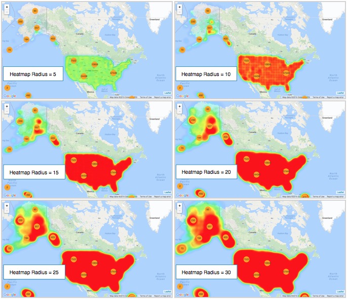 Comparison of heatmap radius on google maps