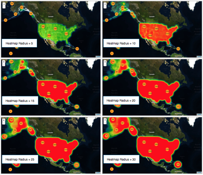 Comparison of heatmap radius on mapbox maps