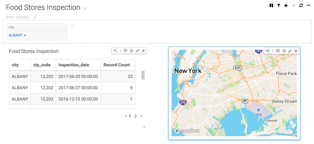 Displaying the Food Store Inspection dashboard with two visuals and a custom filter. After selecting Albany in the filter, the table visual refreshes to show only the Albany data. However, the map visual still shows the same location where we zoomed in, the JFK airport.