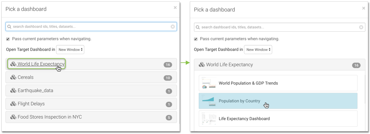 Selecting a target dashboard from a dataset grouping