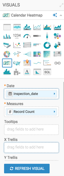Dispalying the Visual Designer and calendar heat map (active) with 'inspection date' in the Dimension shelf and 'record count' in the Measures shelf