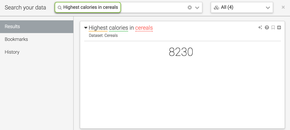 Displaying the selected question, Highest calories in cereals, in the 'Search your data' text box and the visual from dataset Cereals in the Results window.