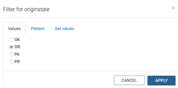 Selecting filter values for 'originstate' field and clicking 'Apply'