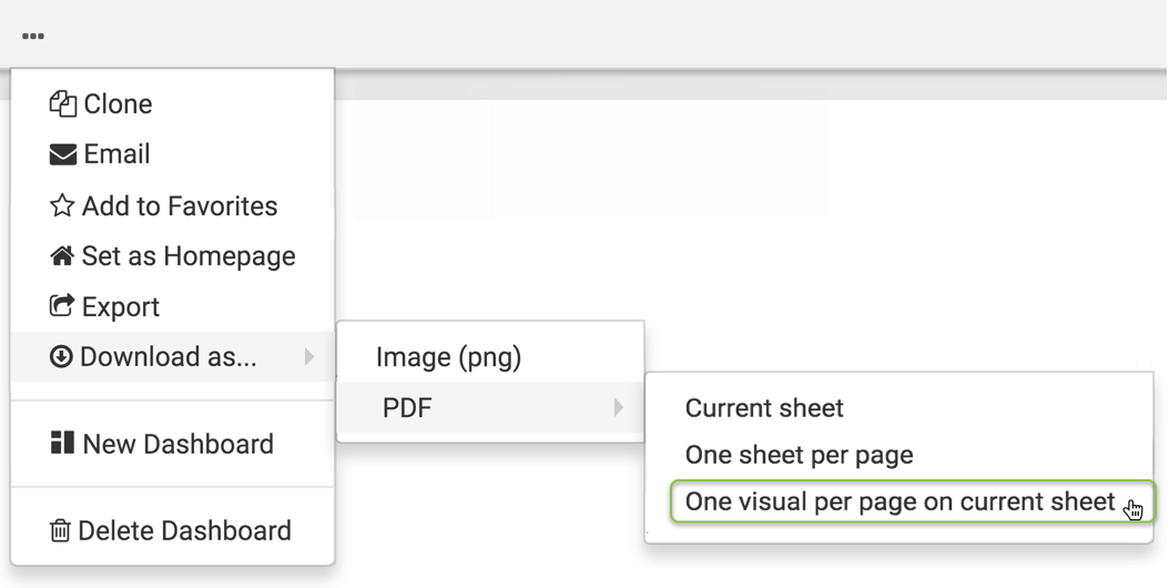 Selecting the (ellipsis) icon at the top of the interface, clicking Download as..., and then selecting one visual per page on current sheet option from the secondary menu